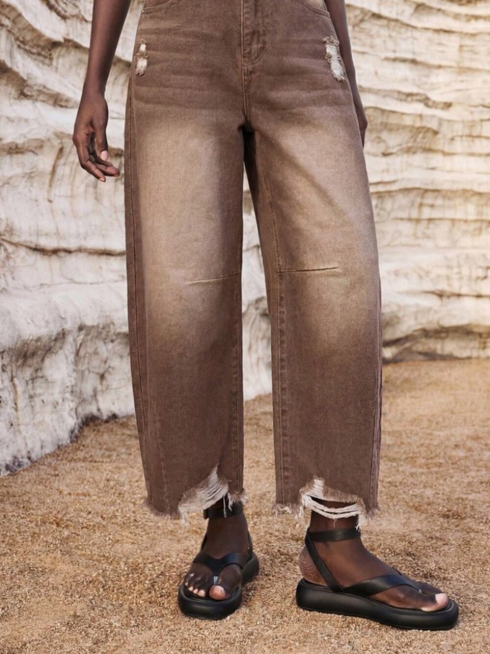 Muted Tan Denim Jeans with Distressed Rips - Picture 5 of 7